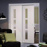 Twin Telescopic Pocket Sierra Blanco Doors - Frosted Glass - White Painted