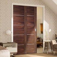 Twin Telescopic Pocket Portici Walnut Veneer Door - Aluminium Inlay - Prefinished