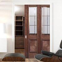 Twin Telescopic Pocket Valencia Walnut Veneer Doors - Frosted Glass - Clear Bevel Edges - Prefinished