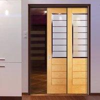 Twin Telescopic Pocket Salvador Oak Veneer Doors - Sandblasted Etched Glass