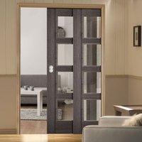 Twin Telescopic Pocket Vancouver Ash Grey 4L Doors - Clear Glass - Prefinished