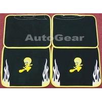 Tweety Pie Car Universal Yellow Flame Black Carpet Mats - Set Of 4