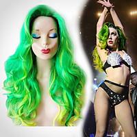Two Tones Green to Yellow Long Curly Heat Resistant Synthetic Hair Wigs For Women Cosplay Party Wigs Lady GAGA