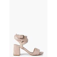 two part wrap strap block heel taupe