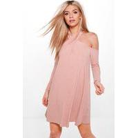 Twist Halter Neck Soft Rib Swing Dress - blush