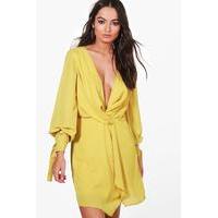 Twist Front Ruched Sleeves Shift Dress - yellow