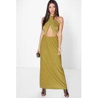 Twist Front Halterneck Maxi Dress - olive