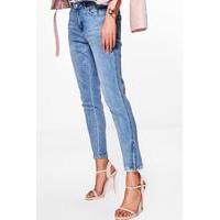 Twisted Zip Seam Mid Rise Skinny Jeans - mid blue