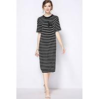 TYZEE Women\'s Daily Casual Tunic DressEmbroidery Stripe Round Neck Midi Short Sleeve Cotton Spring Summer Mid Rise Micro-elastic Thin