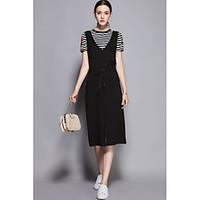 TYZEE Women\'s Casual/Daily Work Cute Spring Summer T-shirt Dress SuitsSolid Striped Round Neck Short Sleeve Split Micro-elastic