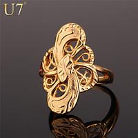 U7 Women\'s Exquisite Hollow Ring 18K Stamp Real Gold Plated Big Vintage Jewelry Size 6-10 Statement Ring