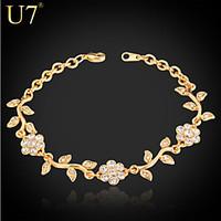 U7 Women\'s Cute Leaf Flower Bracelet Platinum/18K Real Gold Plated Rhinestone Charm Bracelet Bangle