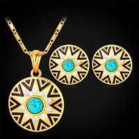 U7 Turquoise Stone 18K Real Gold Plated Rhinestone Circular Stud Earrings Pendant Necklace Fashion Jewelry Set