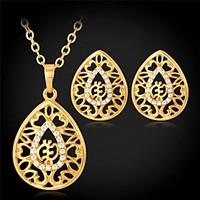 U7 Rhinestone 18K Real Gold Plated Hollow Waterdrop Stud Earrings Pendant Necklace Fashion Jewelry Set