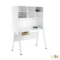 Uclic Aspire Desk with Overshelving and Drawer 1200mm Reflections Light Olive