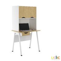 uclic aspire desk with upper storage and drawer 800mm sylvan maple