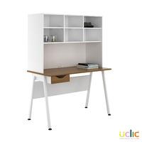 uclic aspire desk with overshelving and drawer 1200mm sylvan walnut