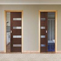 Unilateral Pocket Monaco Walnut Veneer Doors - Linea Frosted Glass - Prefinished