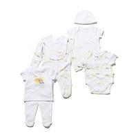 Unisex newborn baby animal ark patterned seven piece bodysuit sleepsuit hat bib starter set - White