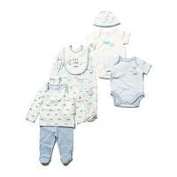Unisex newborn baby aeroplane patterned seven piece bodysuit sleepsuit hat bib starter set - Cream