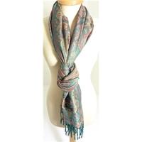 Unbranded Teal Blue Pashmina With Multicoloured Paisley Design And Fringed Edging