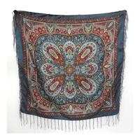Unbranded Blue/Grey Scarf With Multicoloured Paisley Print And Fringed Edging