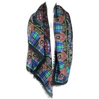 Unbranded Vintage Size L Black, Cobalt Blue And Spring Green Paisley And Checkered Patterned Scarf With Frayed Edge Detail