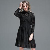 UNE FLEUR Women\'s Casual/Daily A Line Lace DressSolid Stand Knee-length Long Sleeve Polyester Summer High Rise Micro-elastic Thin