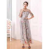 UNE FLEURWomen\'s Casual/Daily Swing DressEmbroidered Round Neck Maxi Short Sleeve Polyester Summer High Rise Micro-elastic Thin