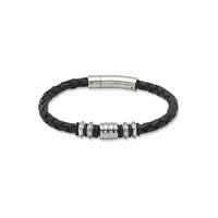 Unique Men\'s Black Leather Bracelet With Steel Elements
