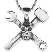 unique gothic necklace skull with crossed spanner hammer silver small