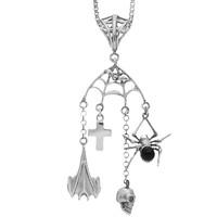 Unique Gothic Whitby Jet Necklace Web Bat Cross Skull & Spider Silver