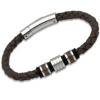 Unique Stainless Steel Brown 21cm Leather Bead Bracelet B188DB-21CM