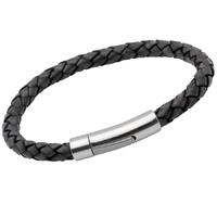 unique grey stainless steel 21cm black leather bracelet b170abl 21cm