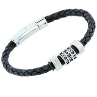 Unique Stainless Steel Black Leather Bead Bracelet B91BL