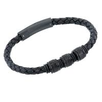 Unique Black Stainless Steel 21cm Black Bead Leather Bracelet B189BL