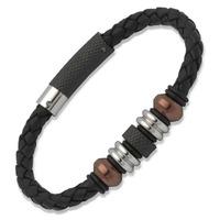 Unique Rose Gold Plated Stainless Steel Black Leather Bead Bracelet B192BL-21CM