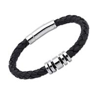 unique stainless steel 5 ring 21cm black leather bracelet a65bl