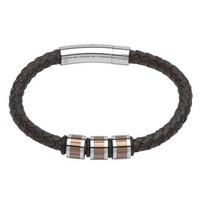 Unique Mens Brown Leather 21cm Stainless Steel and Brown IP Beaded Bracelet B278DB/21CM