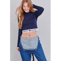 UO Exclusive Tommy Jeans Banded Navy Long Sleeve Cropped Top, NAVY