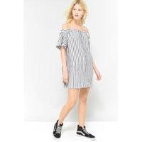 urban outfitters striped button through cold shoulder dress blue