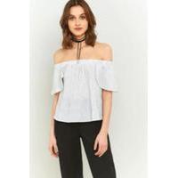 urban outfitters striped bardot off the shoulder top white