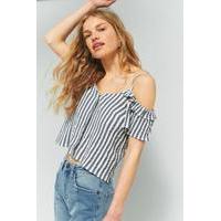 Urban Outfitters Striped Ruffle Cold Shoulder Top, BLUE