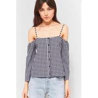 urban outfitters gingham button down cold shoulder top blue