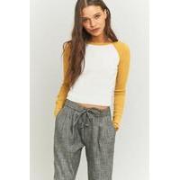 urban outfitters cropped raglan baseball top dark yellow