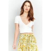 Urban Outfitters Ribbed Ballet Wrap Crop Top, WHITE