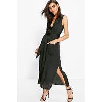 Utility Pocket Wrap Satin Dress - black