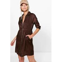 utility zip front cupro shirt dress chocolate