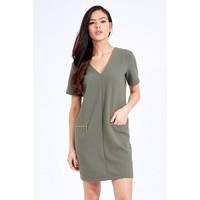 V NECK ZIP POCKET CREPE DRESS