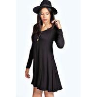 V Neck Long Sleev Swing Dress - black